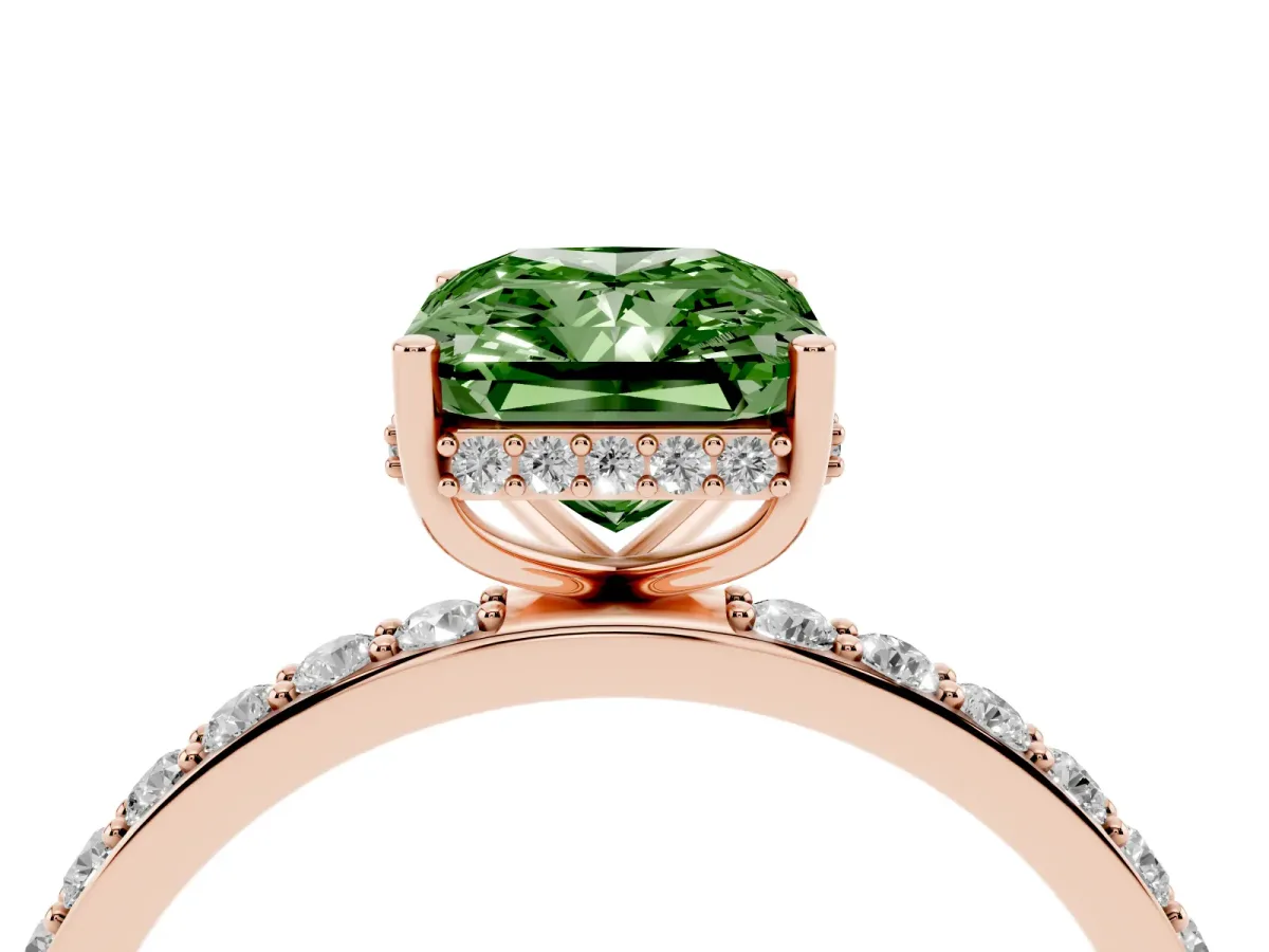 Fancy Green Radiant Cut Diamond Solitaire Ring with Pavé Band and Hidden Halo Rose gold