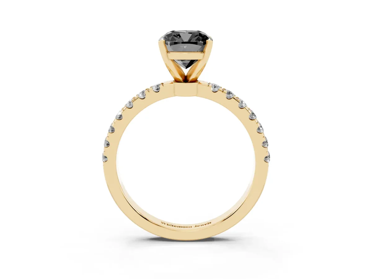 Fancy Black Cushion Cut Diamond Solitaire Ring with Pavé Accents and Four-Prong Setting Yellow gold