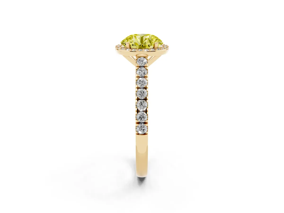 Fancy Yellow Round Cut Cut Halo Diamond Engagement Ring with Pave Band and Four-Prong Setting Yellow gold