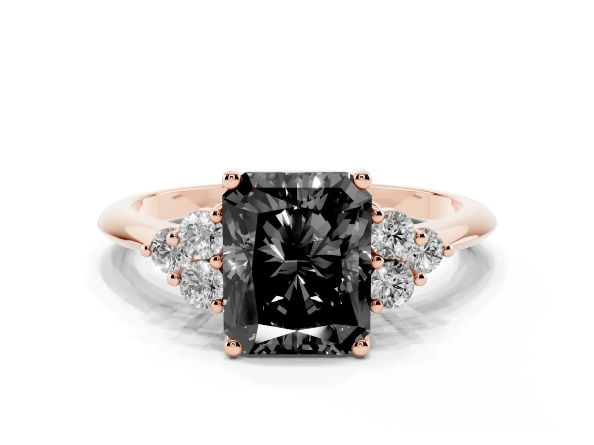 Fancy Black Radiant Cut Cut Diamond Cluster Ring with Solitaire Band and Four-Prong Setting Rose gold