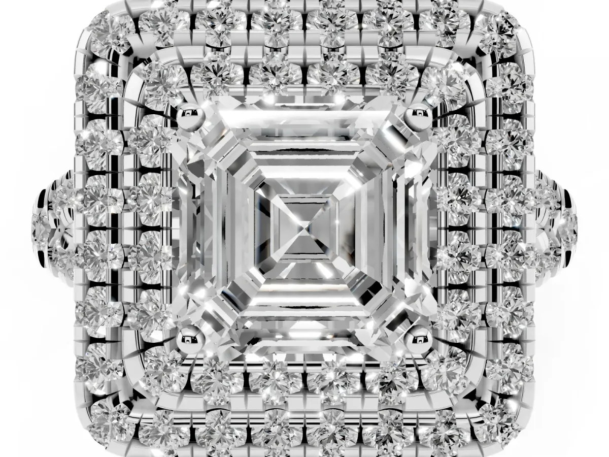 Double Halo Asscher Cut Diamond Pavé Split Shank Ring with Prong Setting Silver