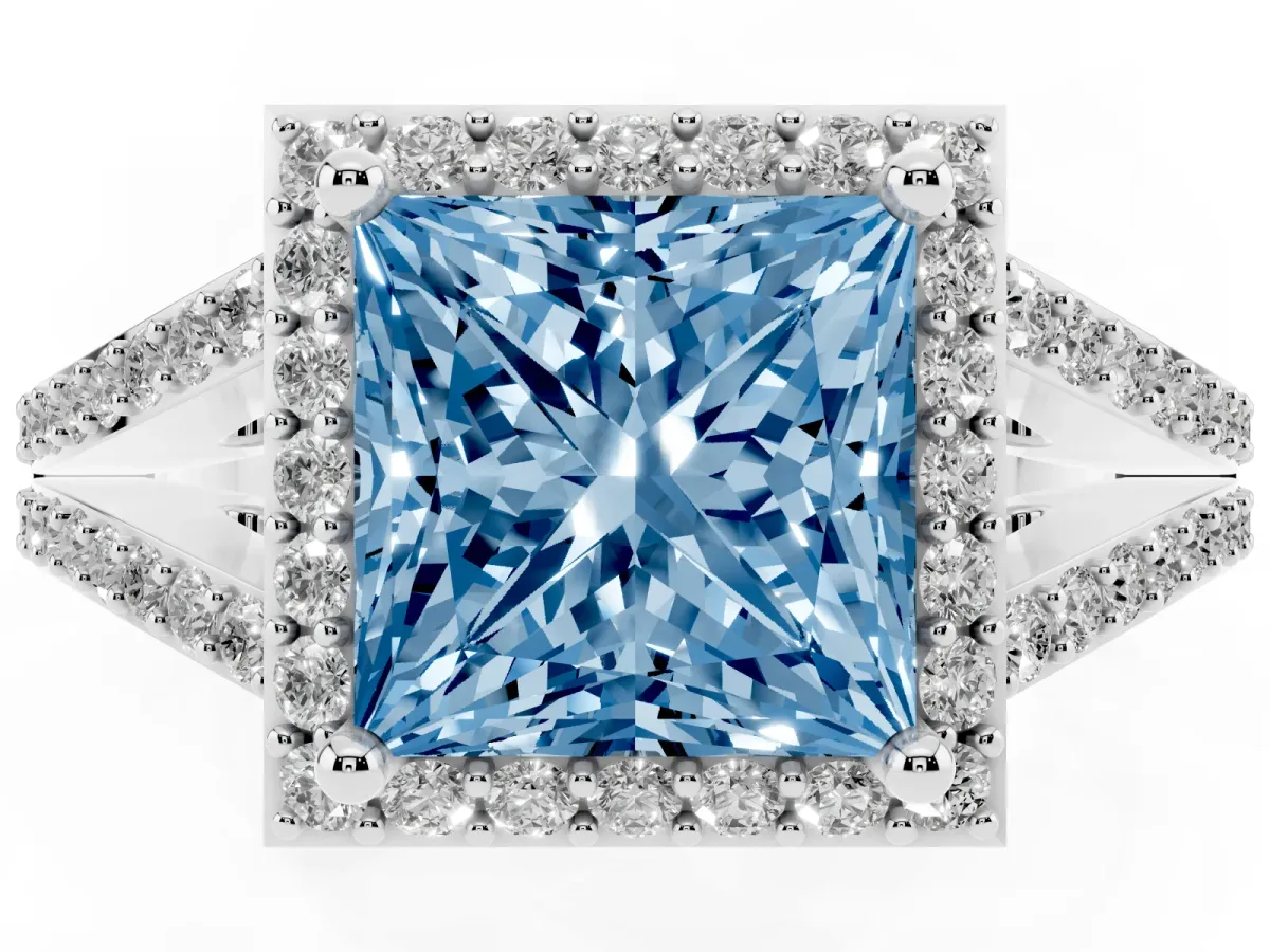 Fancy Blue Princess Cut Halo Split Shank Diamond Ring with Prong Setting Silver