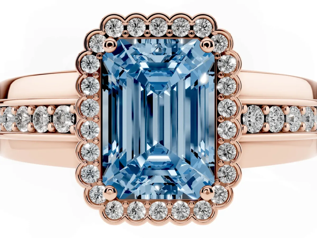 Fancy Blue Emerald Cut Cut Halo Pave Band Four-Prong Ring Rose gold