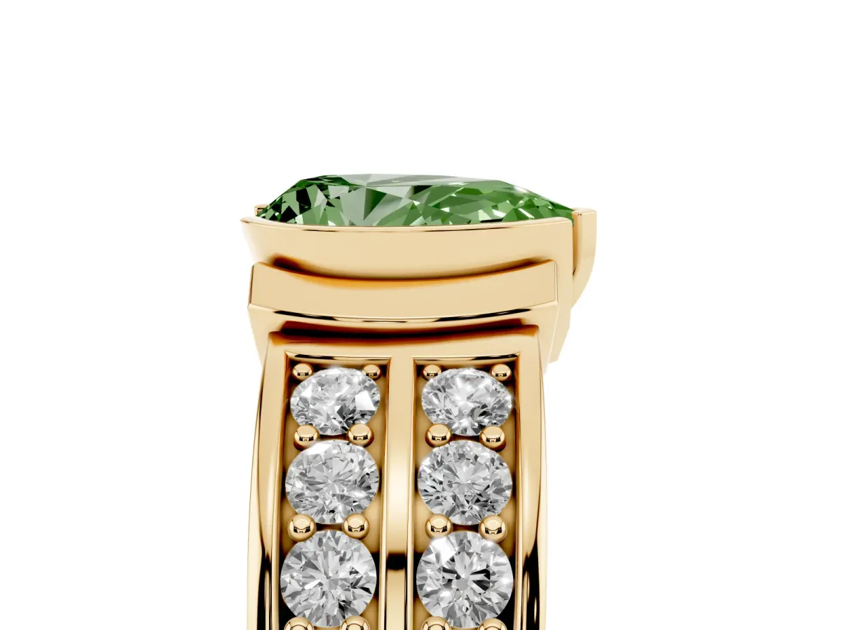 Fancy Green Pear Cut Brilliant Diamond Channel Set Wide Band Ring with Bezel Setting Yellow gold