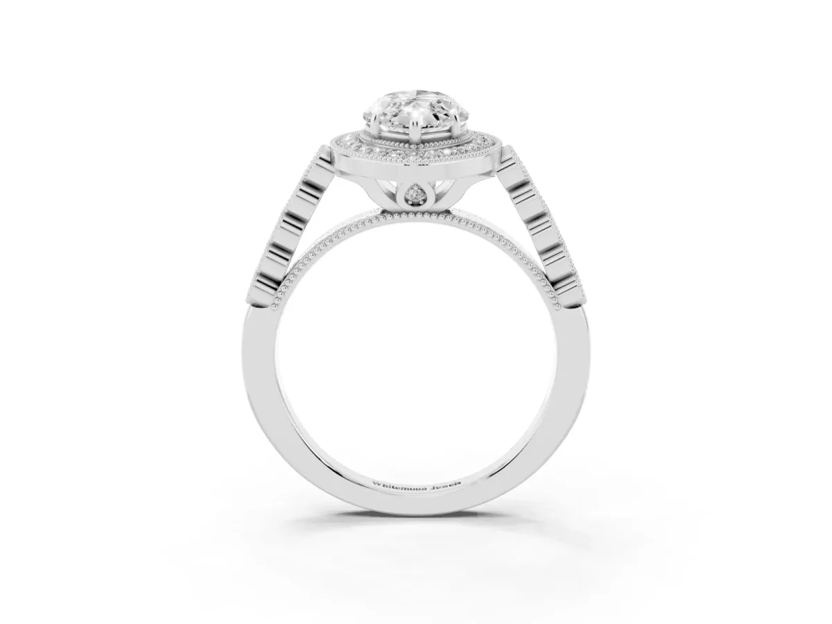 Marquise Cut Halo Milgrain Solitaire with Bezel Set Side Stones and Pave Band Silver