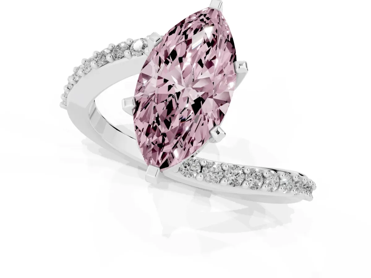 Fancy Pink Marquise Cut Solitaire Twist Band with Pave Set Diamonds and Four-Prong Setting Platinum
