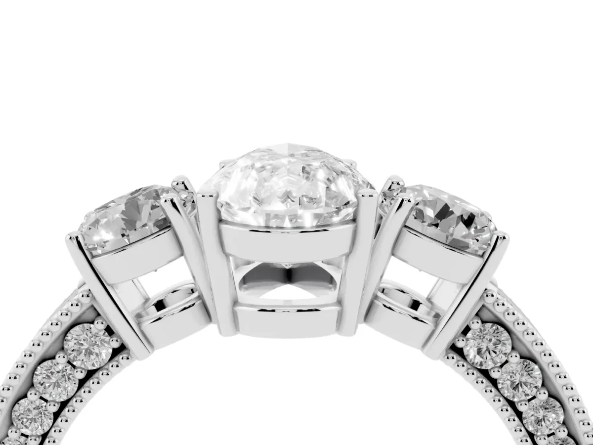 Pear Cut Three-Stone Diamond Ring with Pavé Band and Four-Prong Setting Silver