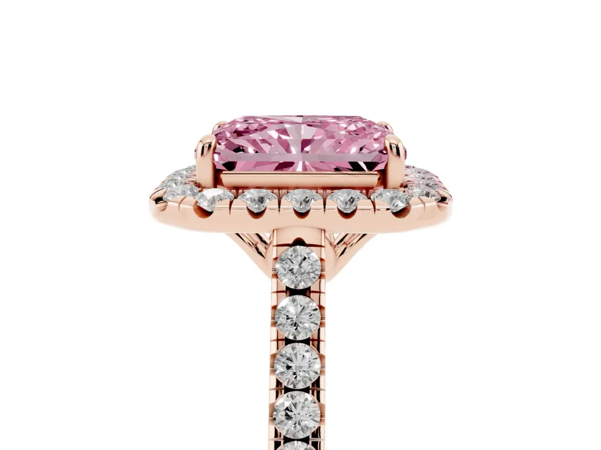Fancy Pink Radiant Cut Halo Pavé Diamond Engagement Ring with Four-Prong Setting Rose gold