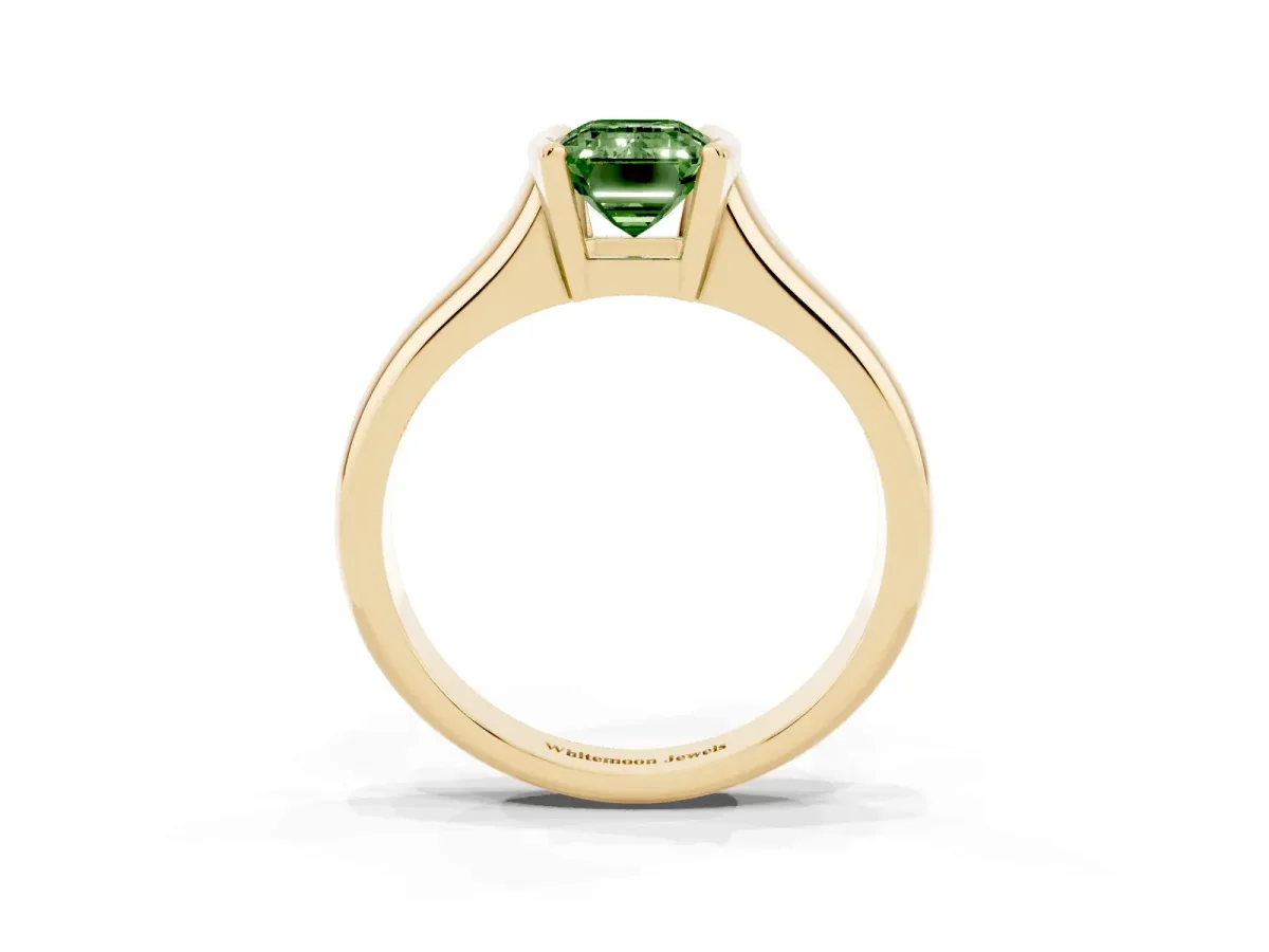 Fancy Green Emerald Cut Solitaire Tension Set Diamond Ring with Split Shank Band Yellow gold