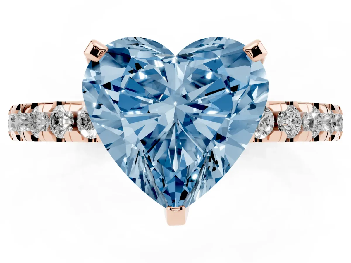 Fancy Blue Heart Cut Diamond Solitaire Ring with Round Pavé Band and Four-Prong Setting Rose gold