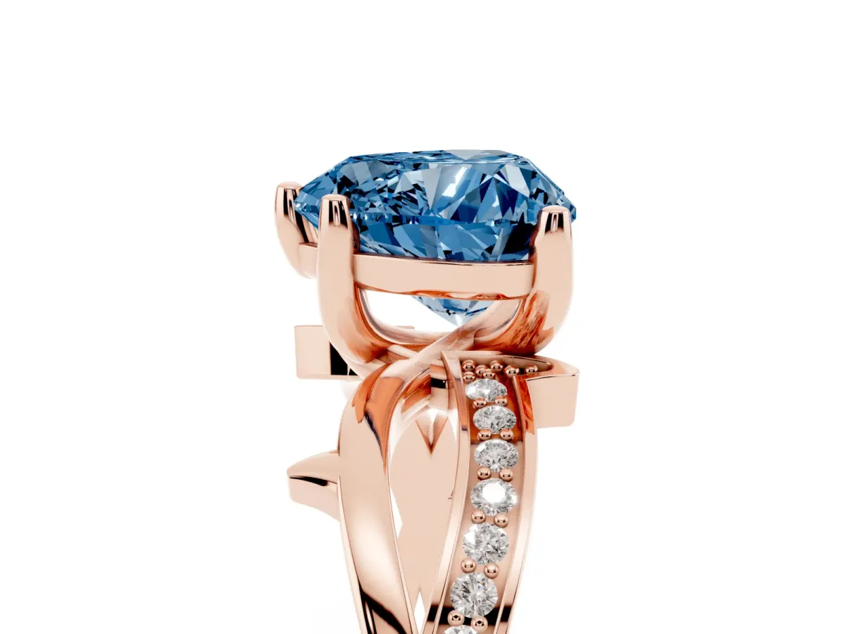 Fancy Blue Heart Cut Solitaire Twist Band with Pavé Accents and Four-Prong Setting Rose gold