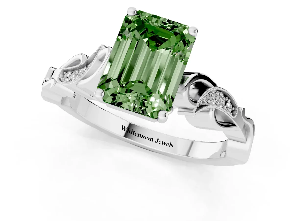 Fancy Green Emerald Cut Solitaire Vine Band with Milgrain Prong Setting Platinum