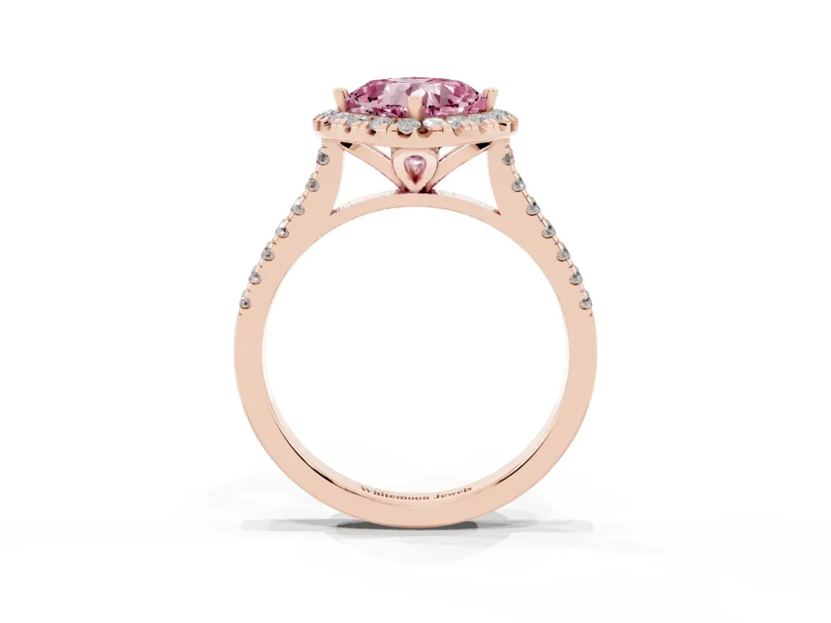 Fancy Pink Cushion Cut Diamond Cushion Halo Ring with Pavé Band Rose gold