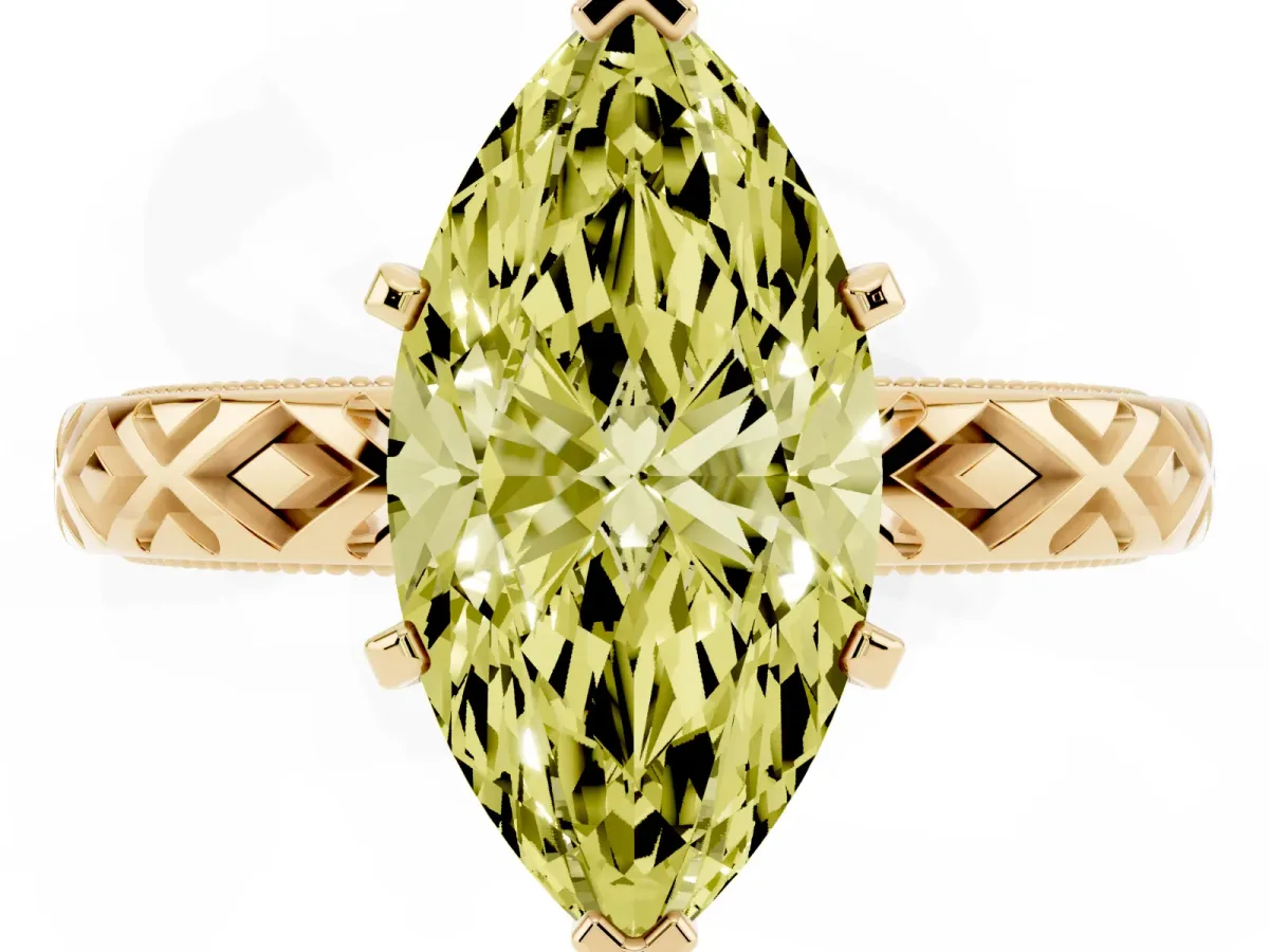 Fancy Yellow Marquise Cut Solitaire Diamond Ring with Milgrain and Black Enamel X Pattern Band Yellow gold