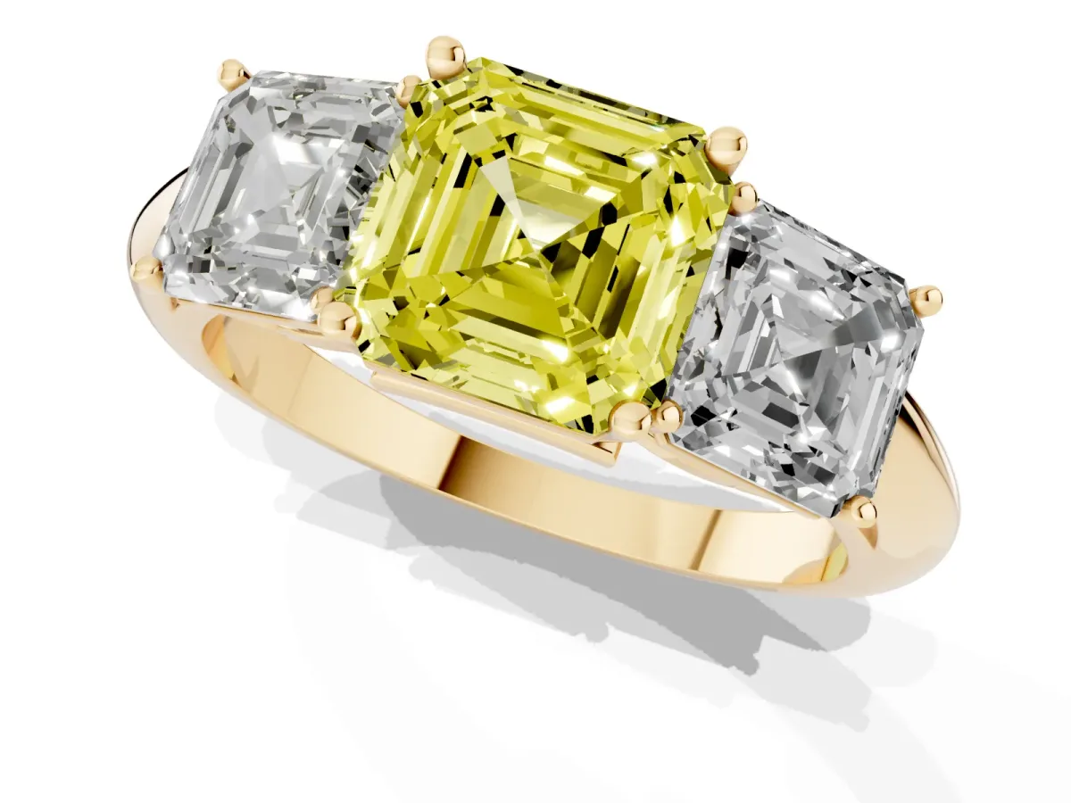 Fancy Yellow Three-Stone Asscher Cut Cut Diamond Engagement Ring with Prong Setting on a White Gold Band Yellow gold
