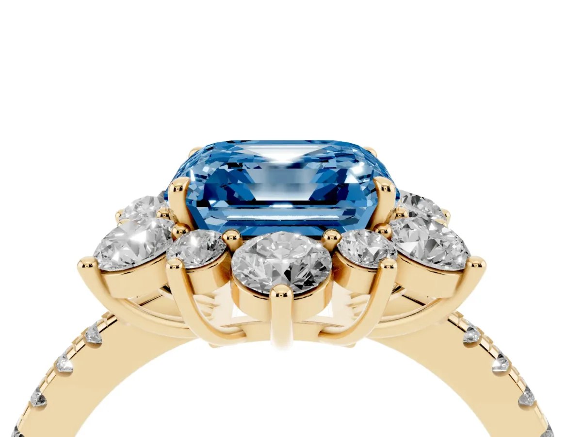 Fancy Blue Asscher Cut Diamond Floral Halo Ring with Round Pavé Band and Prong Setting Yellow gold