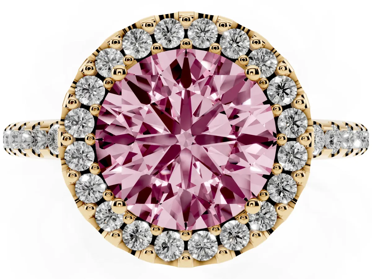 Fancy Pink Round Cut Diamond Pavé Halo Ring with Four-Prong Setting Yellow gold