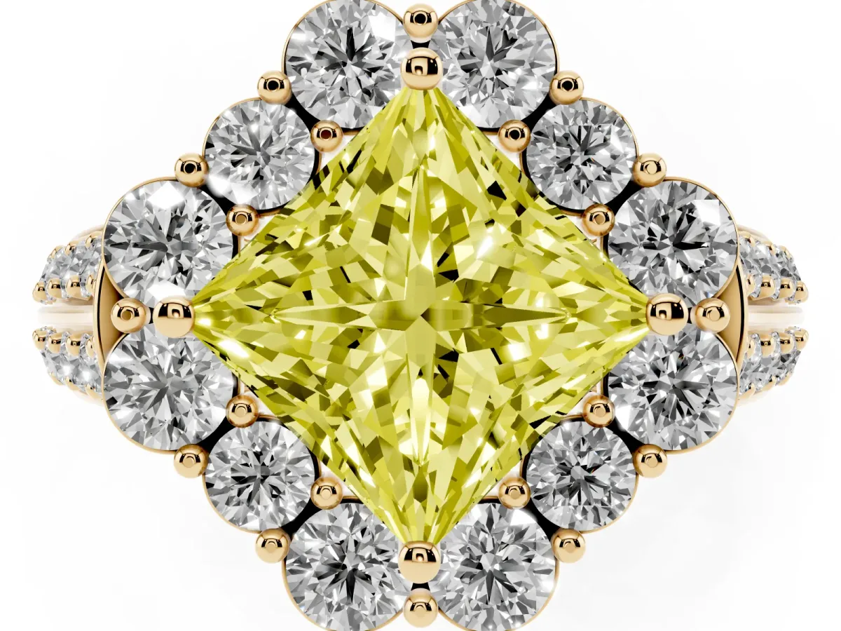 Fancy Yellow Princess Cut Halo Diamond Engagement Ring with Split Shank and Prong Setting Yellow gold