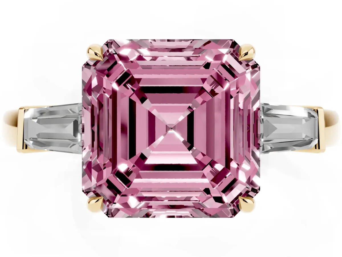 Fancy Pink Asscher Cut Diamond Three-Stone Ring with Tapered Baguette Side Stones and Prong Setting Yellow gold