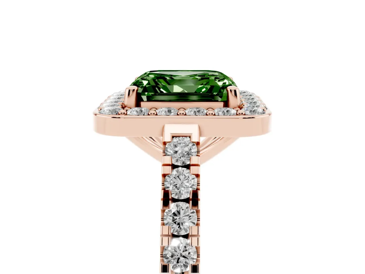 Fancy Green Asscher Cut Diamond Halo Ring with Round Pavé Split Shank and Prong Setting Rose gold