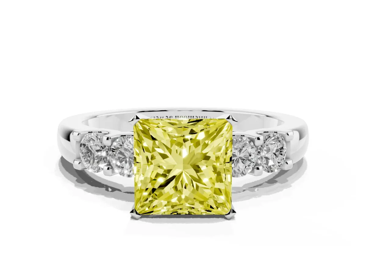 Fancy Yellow Princess Cut Brilliant Cut Diamond Five-Stone Prong Set Engagement Ring with Channel Band White gold