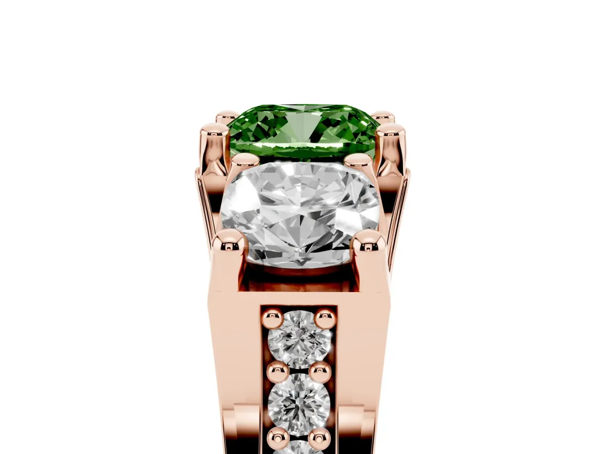 Fancy Green Cushion Cut Diamond Three-Stone Ring with Channel Set Band and Four-Prong Setting Rose gold