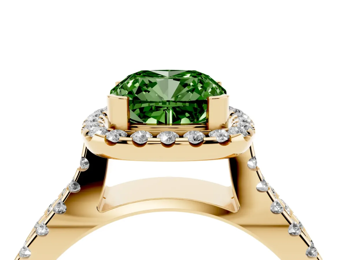 Fancy Green Cushion Cut Diamond Halo Ring with Split Shank Pavé Band and Prong Setting Yellow gold