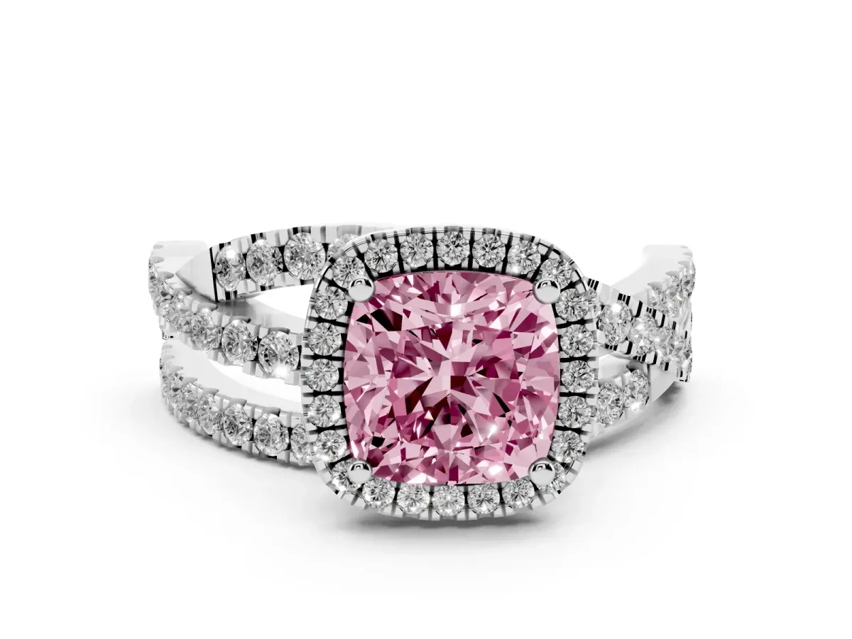 Fancy Pink Cushion Cut Diamond Halo Ring with Round Split Shank and Prong Setting Platinum