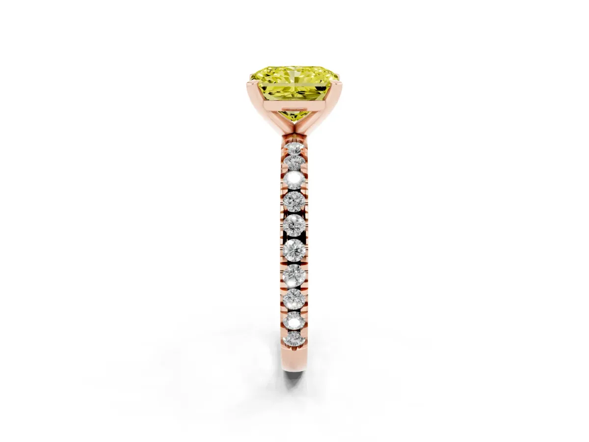 Fancy Yellow Radiant Cut Diamond Pavé Band Solitaire with Four-Prong Setting Rose gold