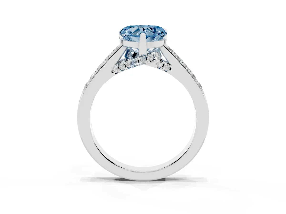 Fancy Blue Heart Cut Diamond Solitaire Ring with Crossover Gallery and Round Pavé Band Platinum