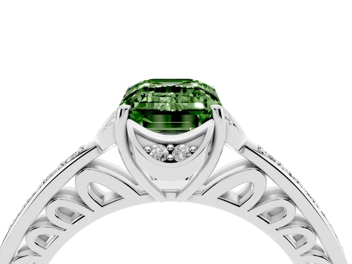 Fancy Green Emerald Cut Cut Halo Diamond Ring with Channel Set Band and Four-Prong Setting Platinum