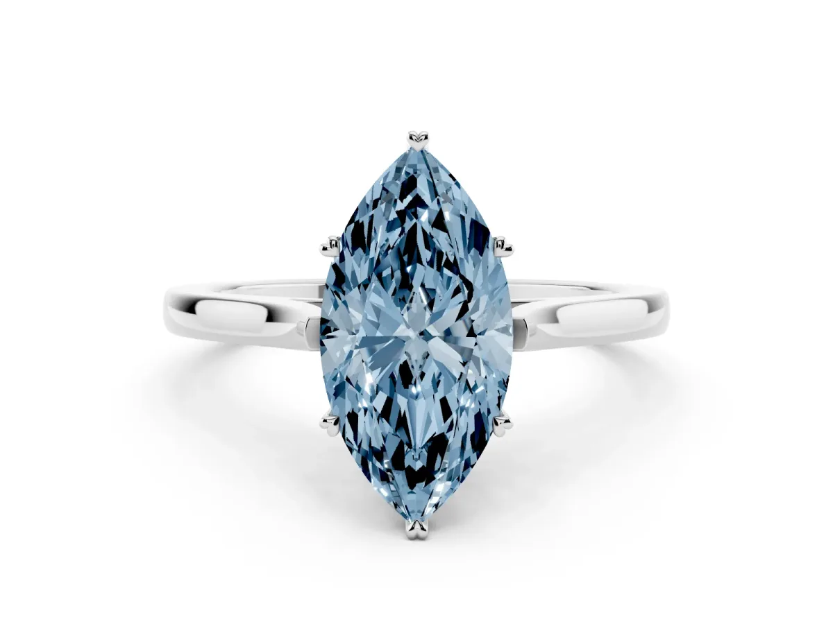 Fancy Blue Marquise Cut Solitaire Heart Prong Engagement Ring with Tapered Band Platinum