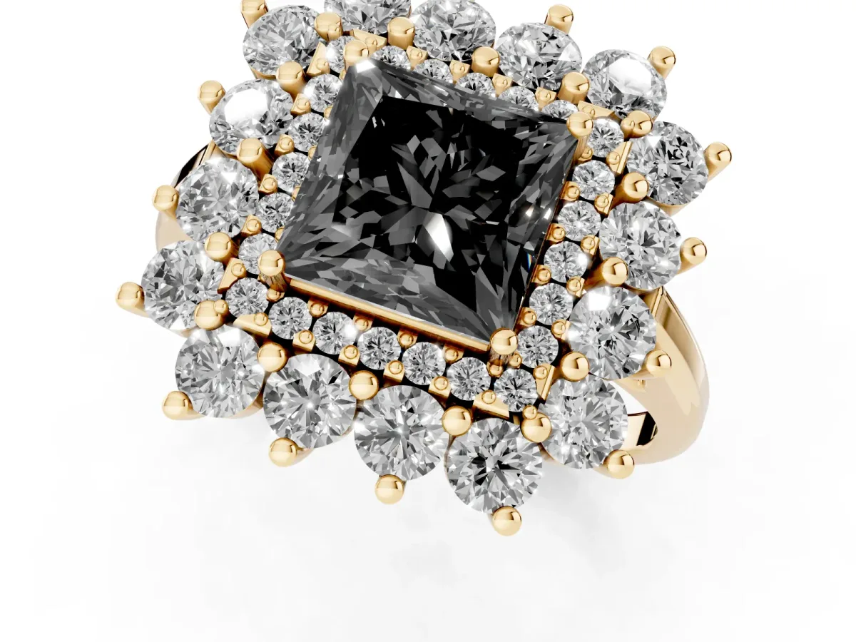 Fancy Black Princess Cut Diamond Floral Double Halo Engagement Ring with Prong Setting Yellow gold