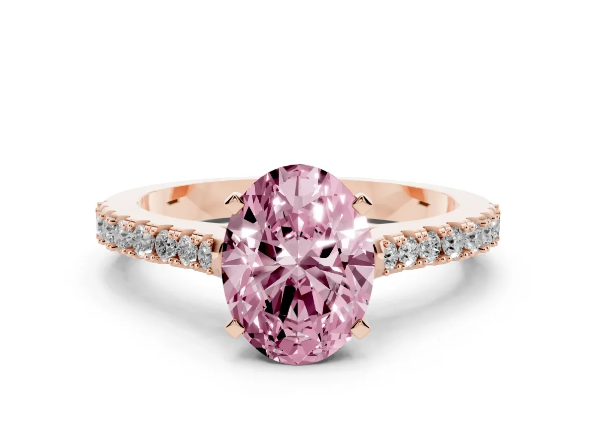 Fancy Pink Oval Cut Cut Solitaire Diamond Engagement Ring with Pave Band and Four-Prong Setting Rose gold