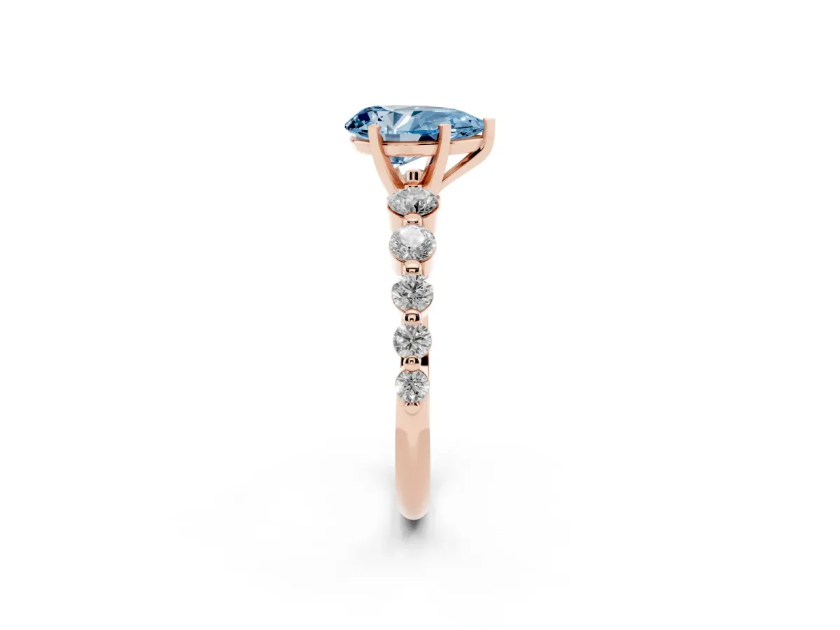 Fancy Blue Pear Cut Solitaire Diamond Ring with Pave Band and Four-Prong Setting Rose gold