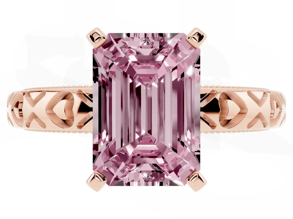 Fancy Pink Emerald Cut Solitaire Diamond Engagement Ring with XO Engraved Band and Four-Prong Setting Rose gold
