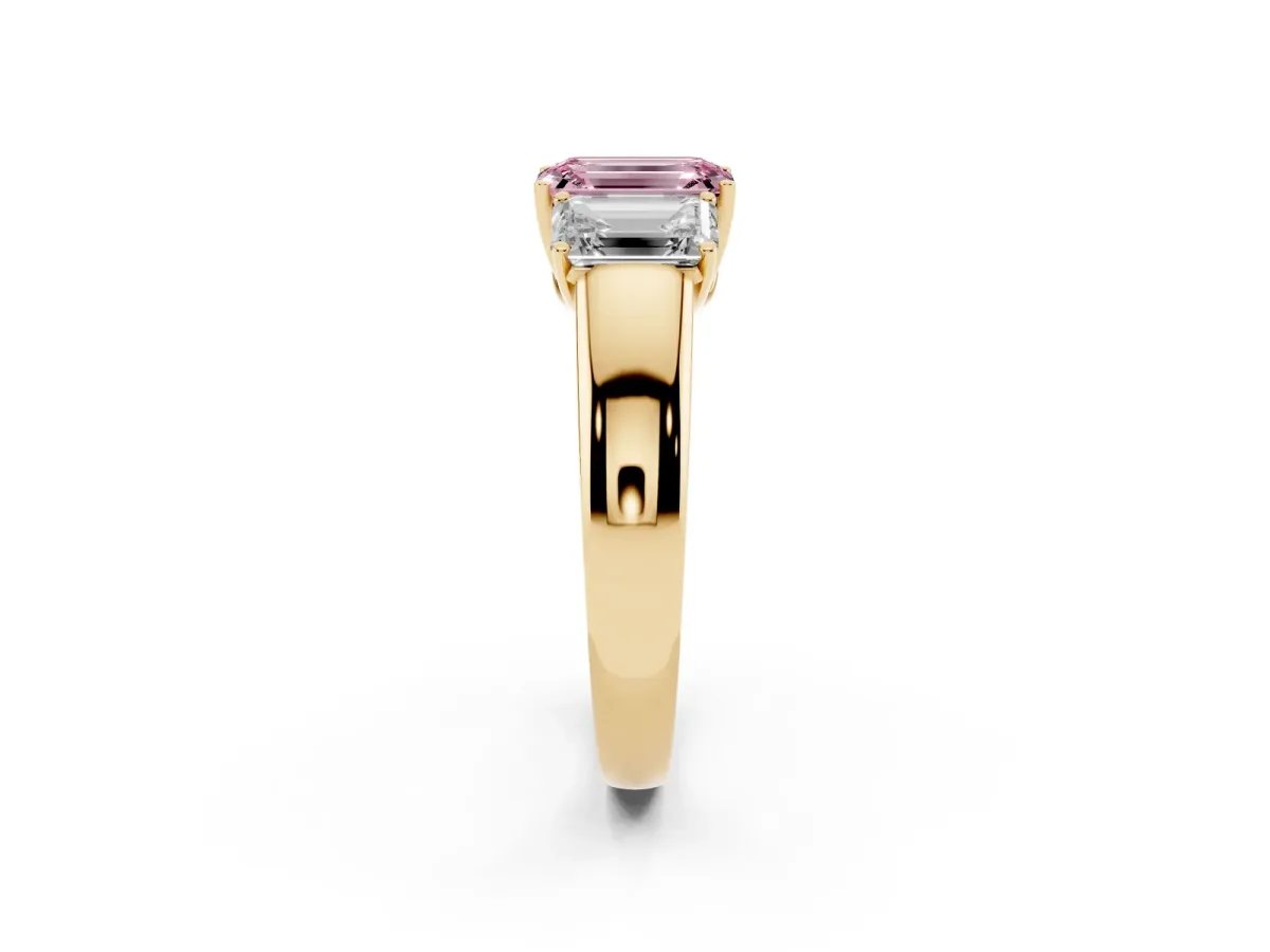 Fancy Pink Three-Stone Emerald Cut Cut Diamond Ring with Prong Setting and Classic Band Yellow gold