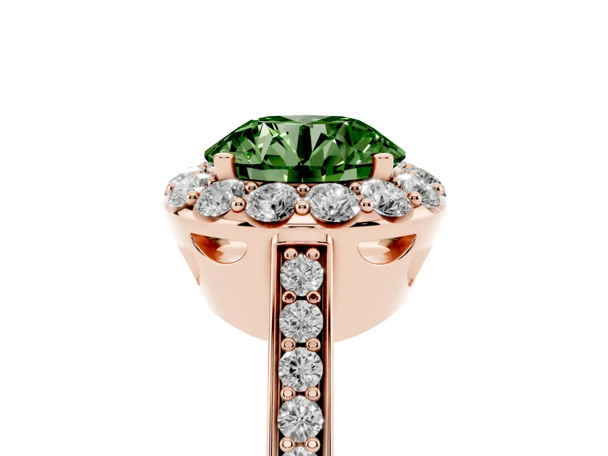 Fancy Green Round Cut Diamond Floral Halo Ring with Pavé Band and Prong Setting Rose gold