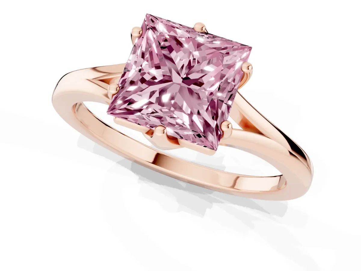 Fancy Pink Princess Cut Solitaire Diamond Ring with Six-Prong Setting and Tapered Band Rose gold