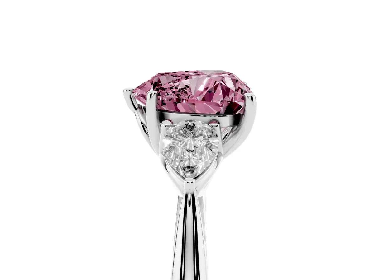 Fancy Pink Heart Cut Diamond Three-Stone Ring with Pear Side Stones and Prong Setting Silver