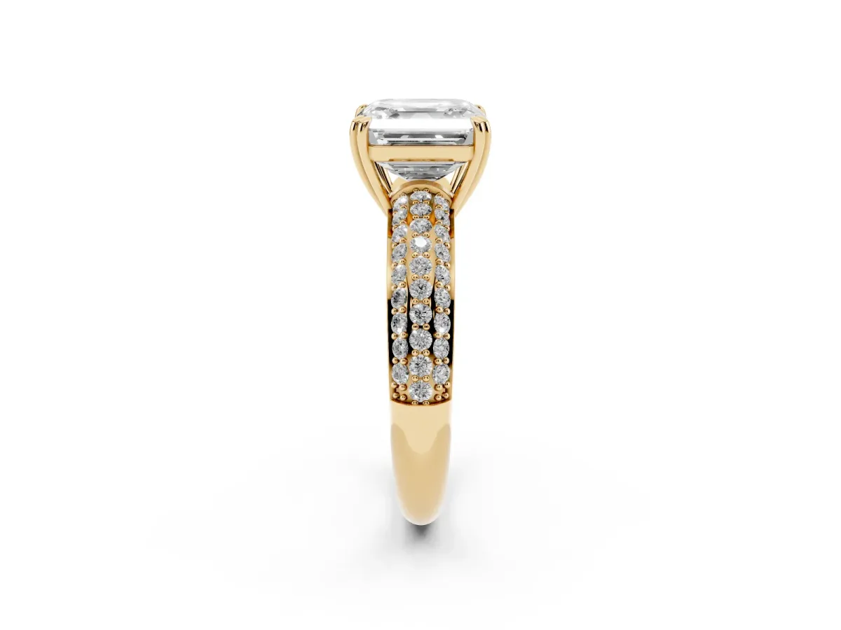 Asscher Cut Diamond Solitaire Ring with Multi-Row Round Pavé Band and Prong Setting Yellow gold