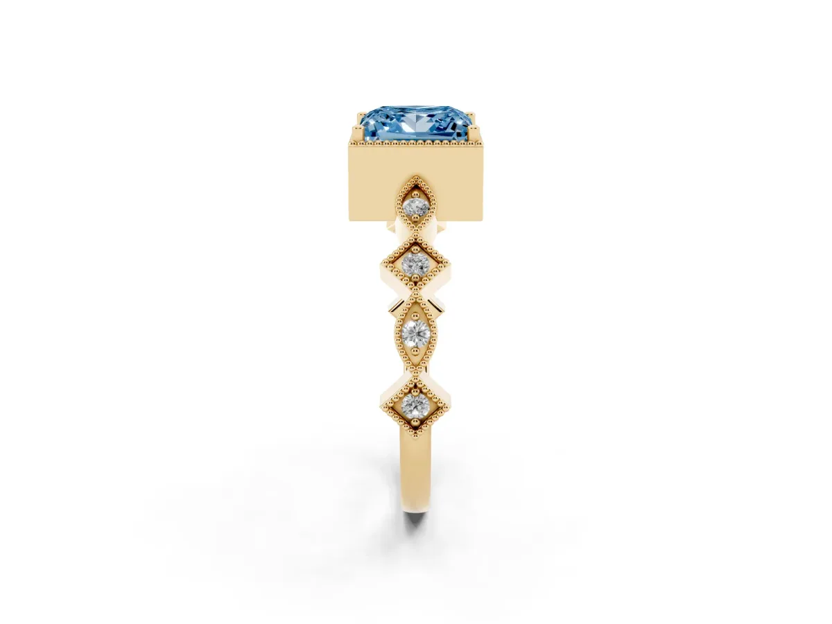 Fancy Blue Princess Cut Milgrain Marquise Diamond Twist Band Ring Yellow gold