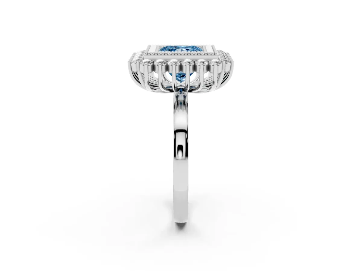 Fancy Blue Princess Cut Halo Diamond Ring with Milgrain Edge and Round Prong Setting Silver