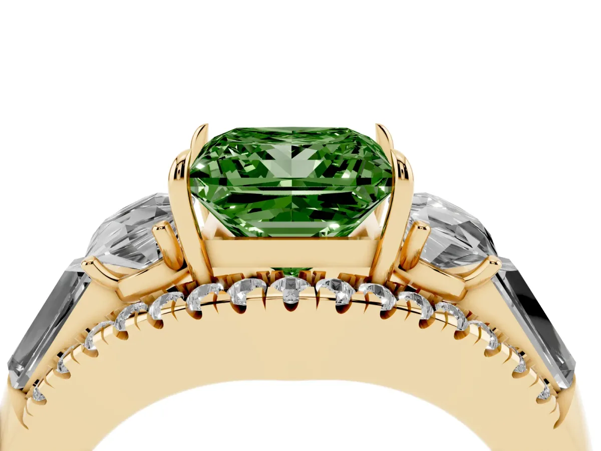 Fancy Green Three-Stone Princess Cut Diamond Engagement Ring with Pave Band and Prong Setting Yellow gold