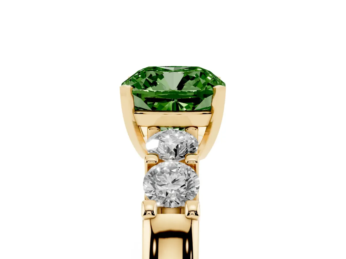 Fancy Green Cushion Cut Brilliant Cut Diamond Five-Stone Prong Set Engagement Ring with Channel Band Yellow gold
