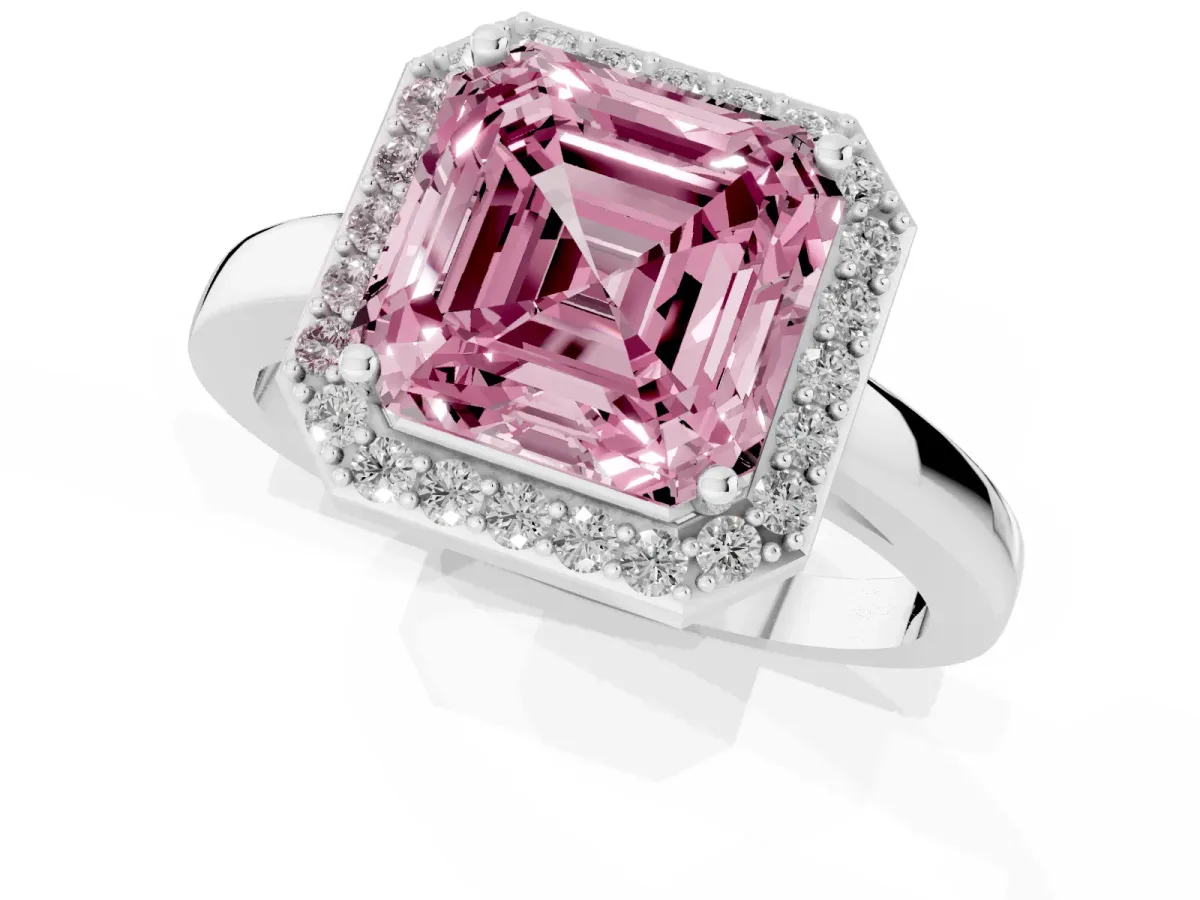 Fancy Pink Asscher Cut Halo Diamond Ring with Solitaire Band and Prong Setting White gold