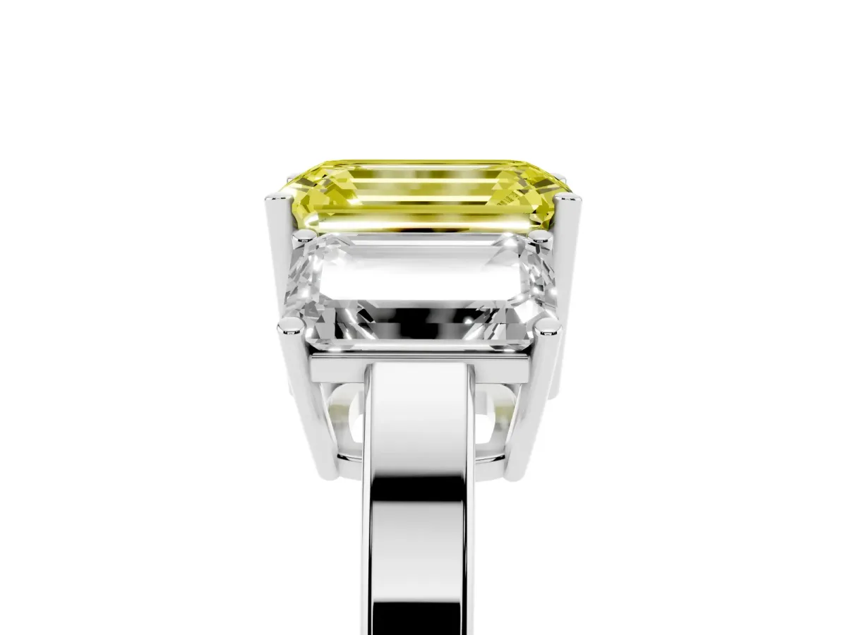 Fancy Yellow Three-Stone Emerald Cut Cut Diamond Engagement Ring with Flat Band and Four-Prong Setting Silver