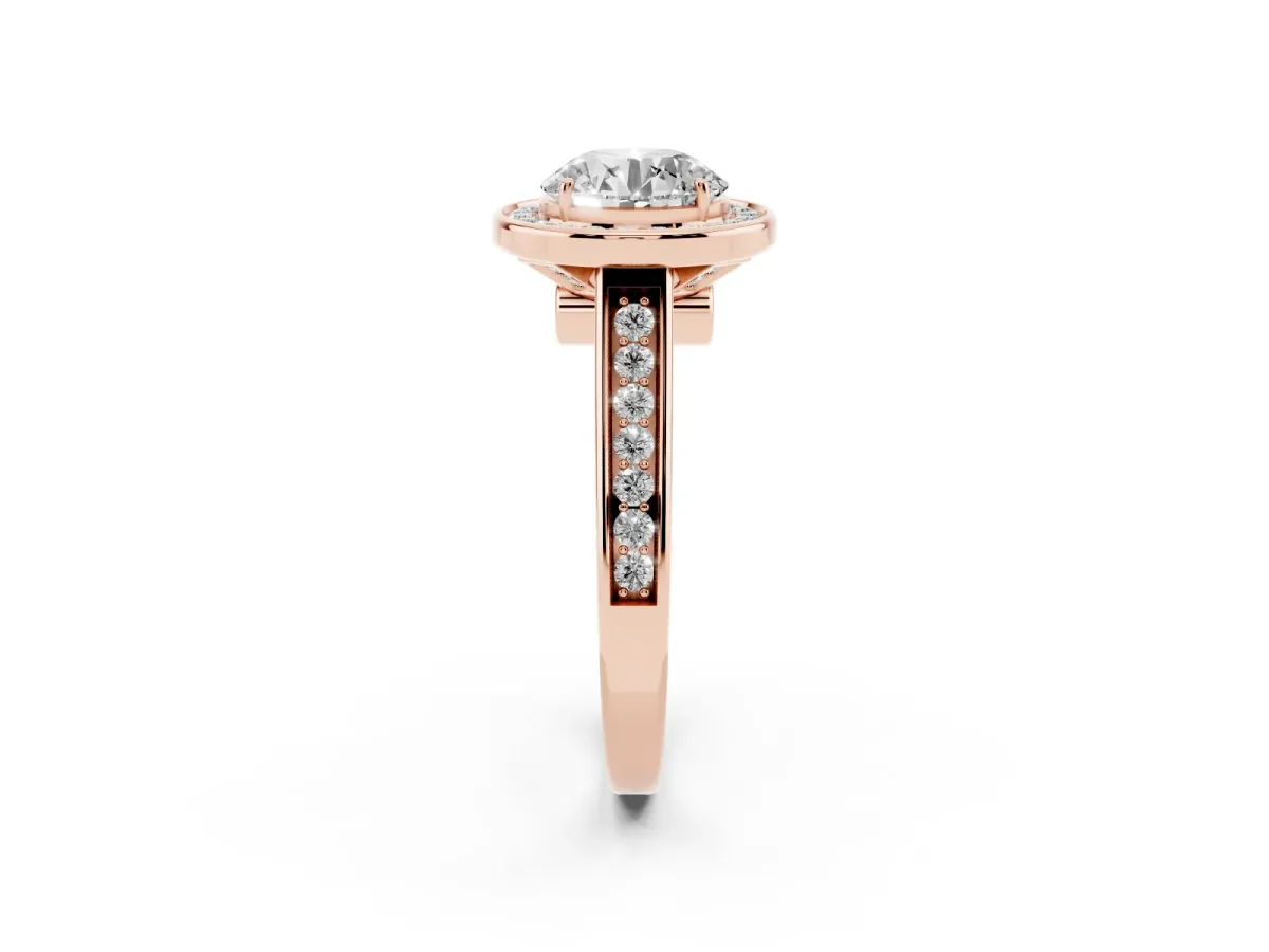 Round Cut Halo Solitaire Diamond Ring with Pave Band and Bezel Setting Rose gold