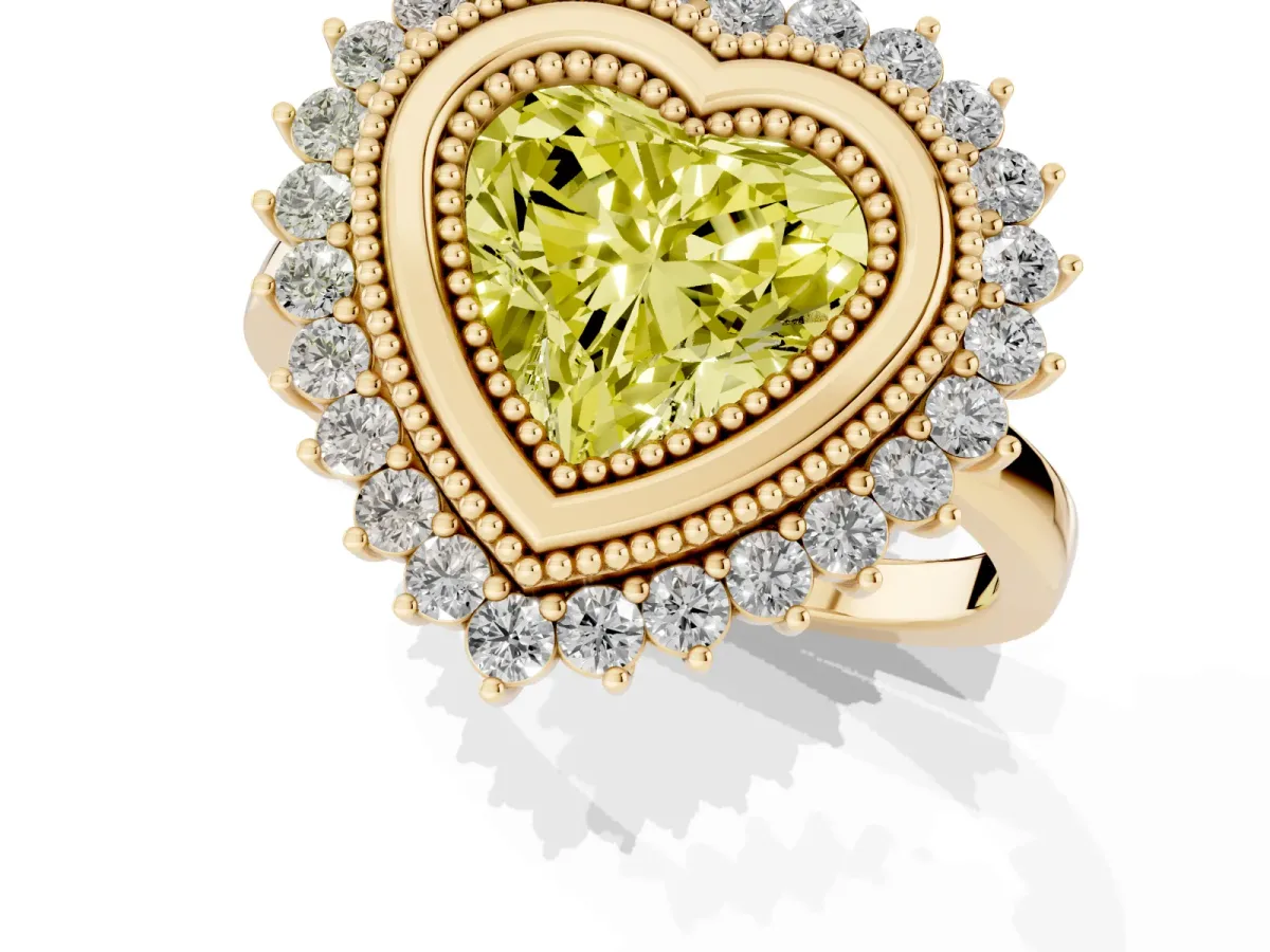 Fancy Yellow Heart Cut Halo Diamond Ring with Milgrain Edge and Round Prong Setting Yellow gold