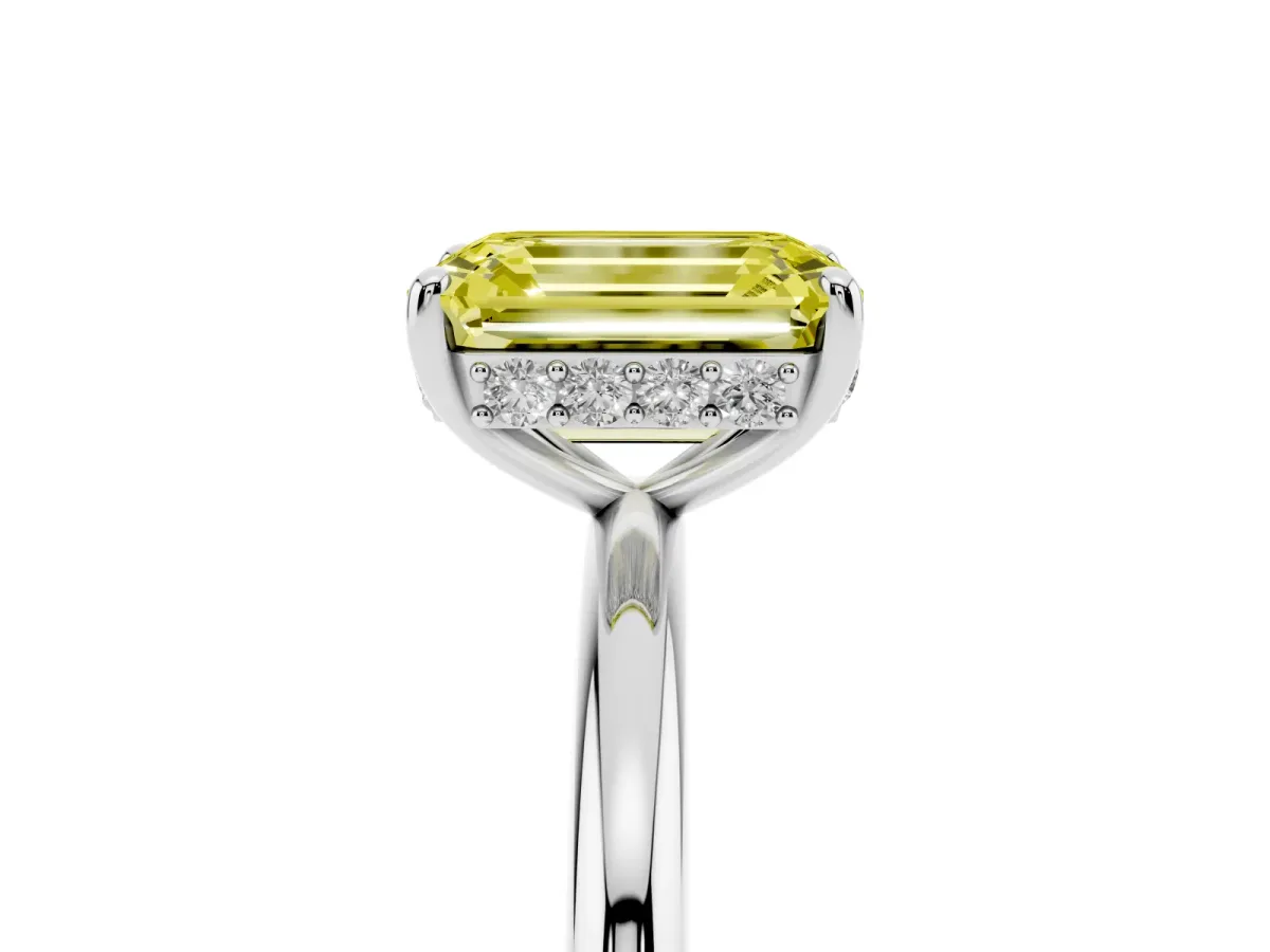 Fancy Yellow Emerald Cut Solitaire Diamond Ring with a Classic Band and Four-Prong Setting Silver